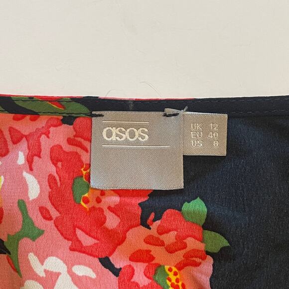 ASOS Floral Surplice Top Womens Size 8 Black Pink Blue Lace Trim Peplum Blouse - Picture 6 of 9